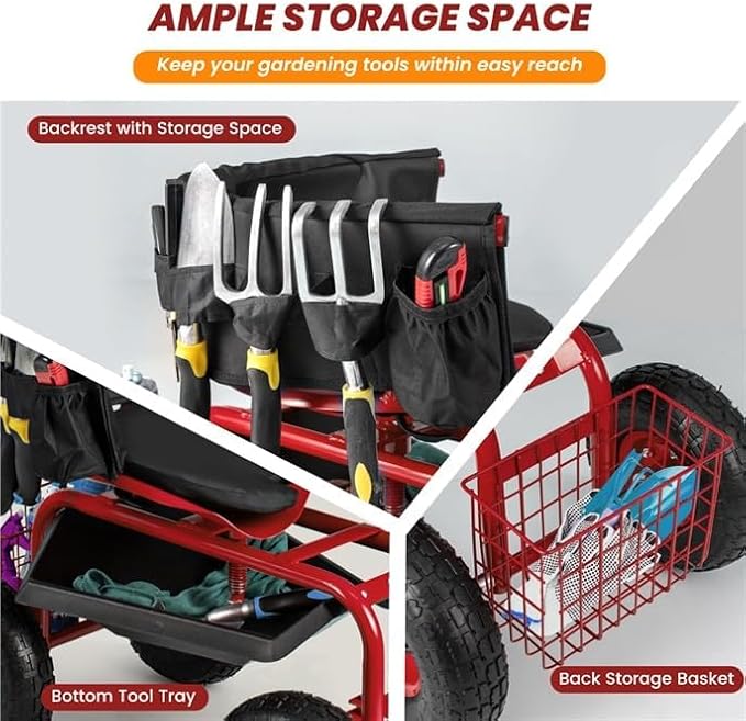 ERGOMASTER Garden Seat with Wheels, Outdoor Gardening Wagon Scooter, 2 Steering Handles, 360° Swivel Workseat & Tool Storage, Use for Patio, Yard, Lawn, Red
