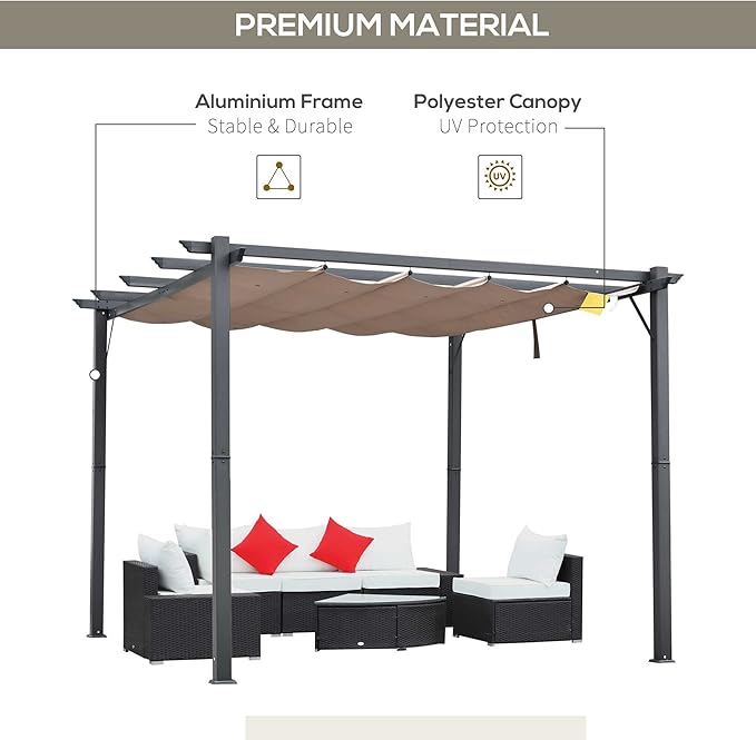 Outsunny 10' x 10' Aluminum Patio Pergola with Retractable Pergola Canopy, Backyard Shade Shelter for Porch, Outdoor Party, Garden, Grill Gazebo, Charcoal Gray