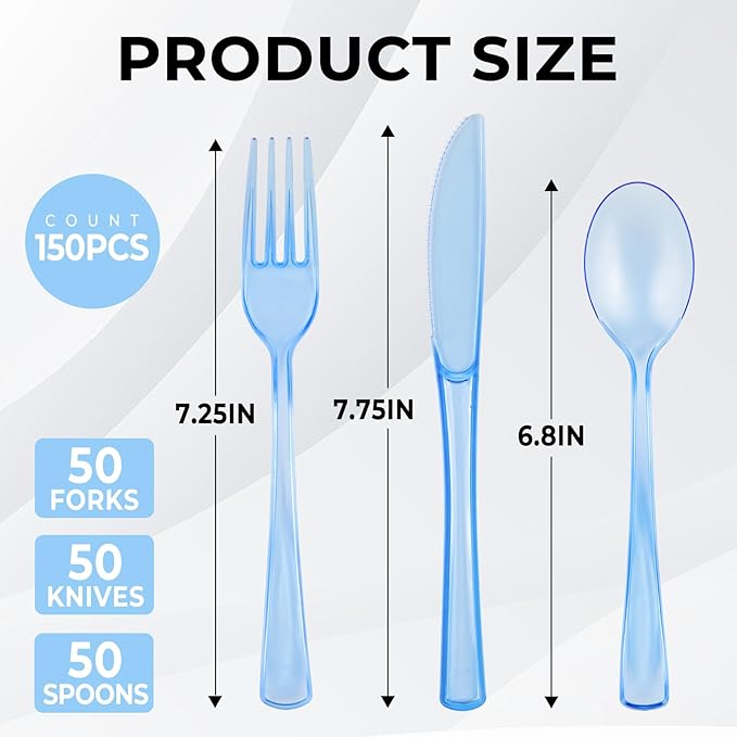 150 PCS Plastic Silverware Disposable Silverware Heavy Duty Utensil Sets 50 Of Each Forks Knives & Spoons Disposable Cutlery Set For Easter,Birthday,Baby Shower,Garden Party,Wedding(150,Light Blue)