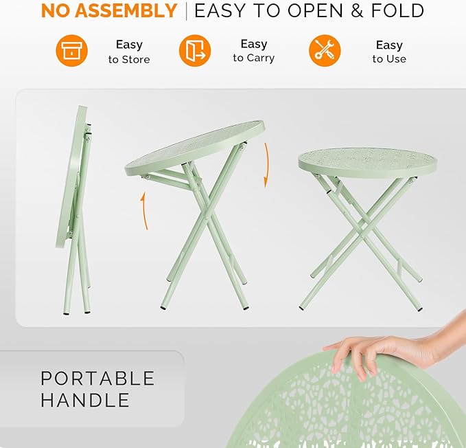 VINGLI Outdoor Folding Side Table with Chic Hollow Pattern and Durable, Rust-Resistant Coated Iron Patio Bistro Table Suitable for Indoor & Outdoor Porch, Deck, Balcony and Pool,Green