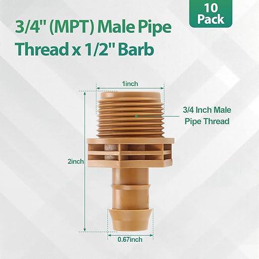RedChili 10 Pack 1/2 Inch Drip Irrigation Fitting To 3/4 Inch MPT National Pipe Taper Thread Adapter-Compatible with 1/2 Inch 17mm .560" to .600" ID Drip Tubing