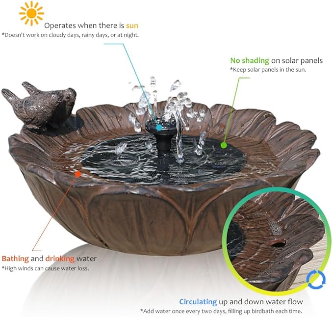 Solar Bird Bath Fountain,Sunflower with Resting Bird,Solar Powered with 3 Nozzles,Outdoor Garden Bird Bath,Solar Water Fountain for Bird Bath,Hummingbird Bird Bath for Outdoor