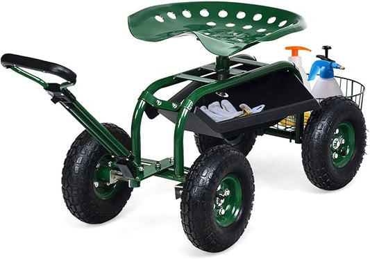 Giantex Rolling Garden Cart with Seat, 4-Wheel Gardening Workseat with Storage Basket, Swivel Stool Adjustable Seat, Steering Handle, Garden Utility Cart, Steel Frame (Green)