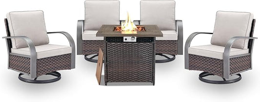 Belord 5 Pieces Patio Furniture Set with Fire Pit Table - 4 Outdoor Swivel Rocker Chairs with 50000 BTU Propane Fire Pit Table, Patio Conversation Sets for Outside Backyard Patio Casual Gathering