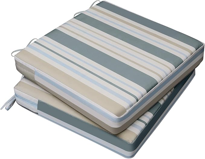 AAAAAcessories Outdoor Seat Cushions for Chairs, Waterproof, Fade-Resistant, 21" x 21" x 3", Patio Furniture Replacement Cushions, Set of 2, Slate Gray Blue Coastal Stripe