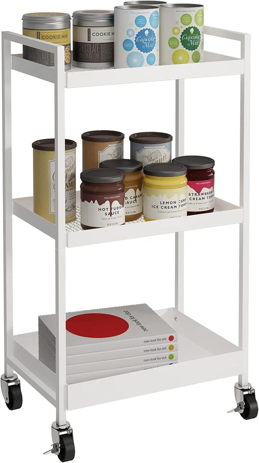 3-Tier Metal Utility Rolling Cart, Heavy Duty Multifunction Rectangular Cart with Lockable Casters, Kitchen Storage Carts Suitable for Office, Bathroom, Kitchen - White