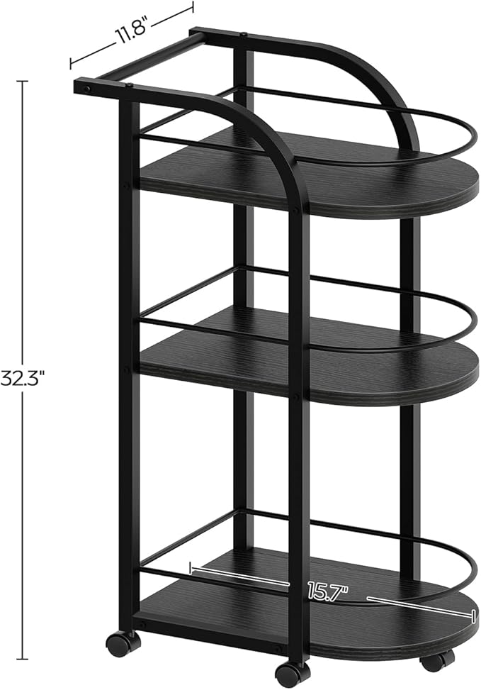 YATINEY 3-Tier Bar Cart, Home Bar Serving Cart with Fence and Wheels, for Dining Room, Living Room, Garden, Party, Black BC06BB