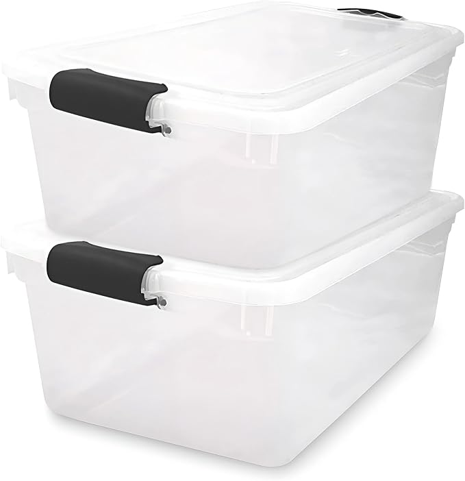 HOMZ Clear Plastic Storage Bin with Secure Latch, 64 Qt, 2 Pack