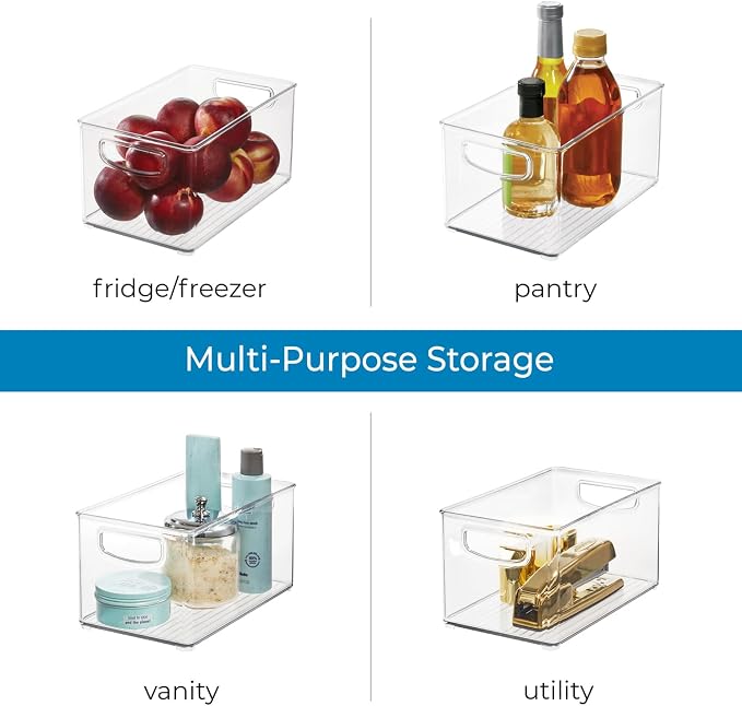 InterDesign iDesign Plastic Fridge and Freezer Organizer Bin with Integrated Handles – 10” x 5” x 6”, Clear (Pack of 4)