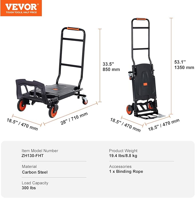 VEVOR Aluminum Folding Hand Truck, 2 in 1 Design 300 Lbs Capacity, Heavy Duty Industrial Collapsible cart, Dolly Cart with Rubber Wheels for Transport and Moving in Warehouse, Supermarket, Garden