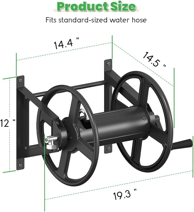Garden Hose Reel Wall Mounted, Heavy-Duty Water Hose Holder Winder with 3.9 ft Leader Hose & Brass Fitting, Hose Hanger Storage Rack Holds 125-Feet of, 5/8-Inch, for Yard Lawn Farm, Black