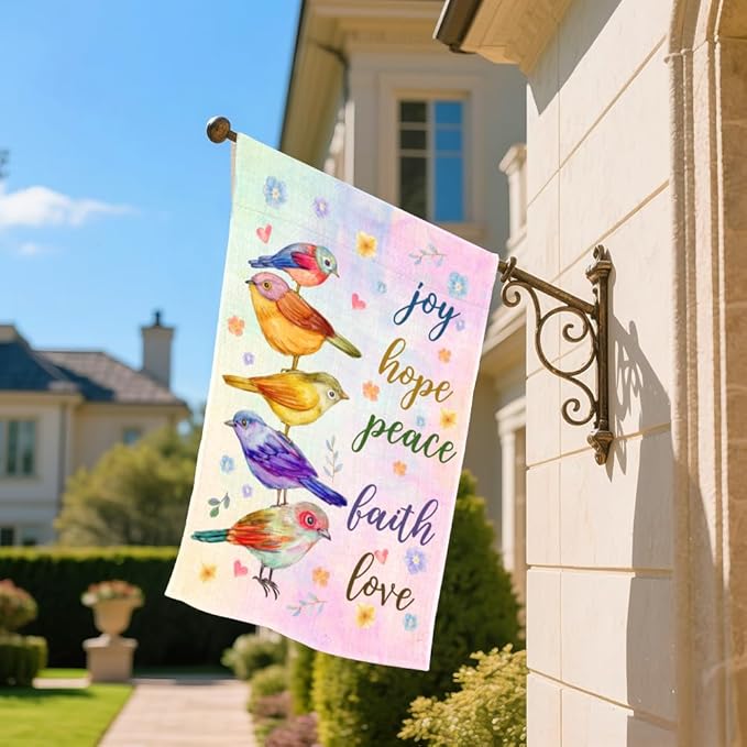 Joy Hope Peace Faith Love Garden Flags for Outside, Funny Birds Spring Yard Sign, Christian Catholic Outdoor Lawn Porch Banner, Kindness Peace Equality Bible Verse Yard Décor
