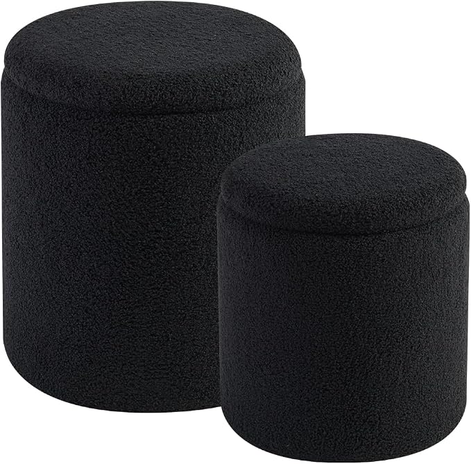 BLEXA Set of 2 Round Storage Ottoman, Black Boucle Ottoman with Storage | Upholstered Padded Vanity Stool, Multifunctional Coffee Table & Foot Rest for Bedroom, Living room with Hidden Storage Space