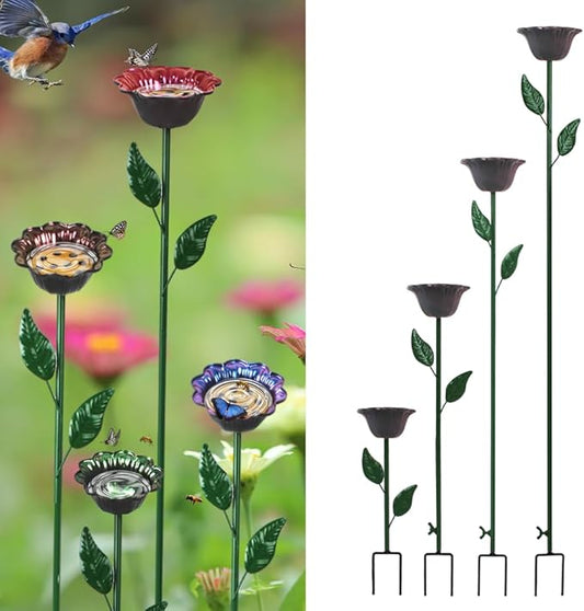 DREAMSOUL 4 Pack Bird Bath with Bee Feeder, Metal Flower Bird Baths Bee Watering Station for Garden Yard Decor (Red, Brown, Purple, Green)