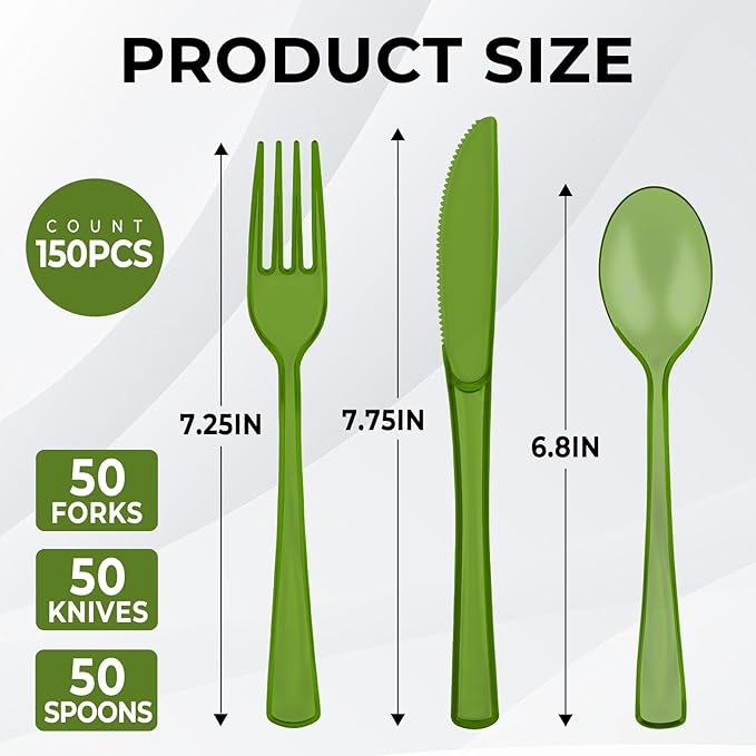 150 PCS Plastic Silverware Disposable Silverware Heavy Duty Utensil Sets 50 Of Each Forks Knives & Spoons Disposable Cutlery Set For Easter,Birthday,Baby Shower,Garden Party,Wedding(150,Olive Green)