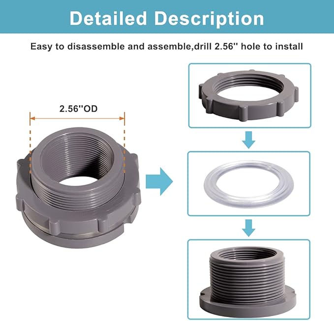 Ququyi 1.25 Inch PVC Bulkhead Water Tank Connector Adapter Fitting with Plugs Thru-Bulk Pipe Fitting for Rain Barrels, Aquariums, Ponds(Set of 2)