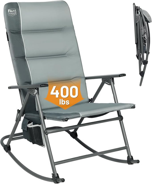 Timber Ridge Oversized Folding Rocking Camping Chair, Padded Outdoor Rocker with High Back, Portable Outdoor Chair for Patio, Garden, Lawn, Supports up to 400 lbs, Gray