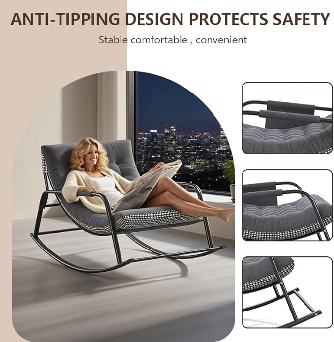 Oversized Rocking Chair,Patio Recliner Rocker with Armrests,Comfortable Papasan Chair for Bedroom, Living Room, Porch, Garden -Gray