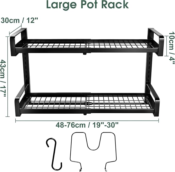 19"- 30" Expandable Hanging Pot Rack, 2 Tier Heavy Duty Wall Mounted Pots and Pans Organizer with 10 Hooks and 5 Pot Lid Holders, Pot Hanger Shelf for Kitchen Cookware Utensils Organizers and Storage
