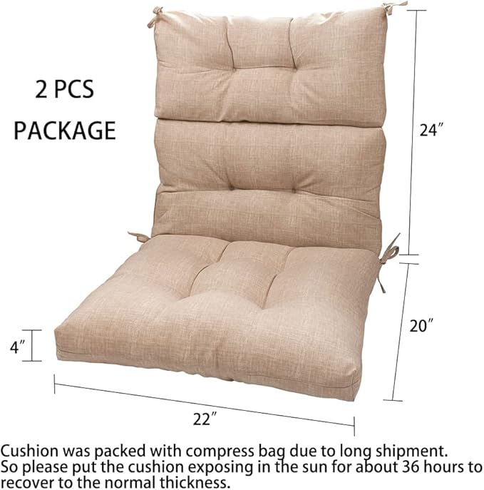 Magpie Fabrics Indoor Outdoor Tufted High Back Chair Cushion Set of 2, Waterproof All-Weather Deep Seating Rocking Chair Patio Garden Chaise Lounge Sun Lounger Chair Cushions(Beige Linen)