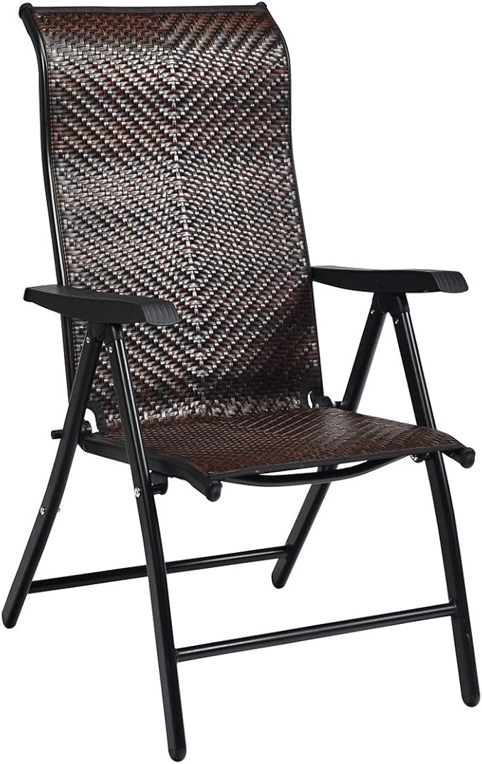 Tangkula Foldable Patio Wicker Dining Chair, Portable High Back Outdoor Wicker Chair with 5-Level Adjustable Backrest, No Assembly Reclining Chairs for Porch Deck Garden Balcony