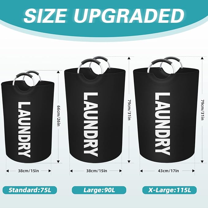 90L Large Laundry Basket, Dirty Clothes Waterproof Laundry Hamper, Black | Collapsible Laundry Basket with Foam Protected Aluminum Handles for Laundry Dorm Family, Black Dirty Clothes Hamper