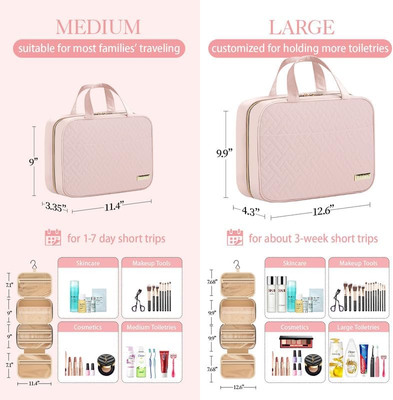 HOTOR Hanging Travel Toiletry Bag Women Men Essentials Pale Pink | Big Compartment, Waterproof Travel Accessories, Makeup Organizer Cosmetic Bag for Cruise, Gift, Road Trip, Vacation, Large