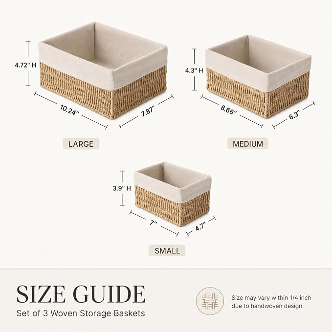 Wicker Storage Baskets Set of 3, Bathroom & Shelf Bins | Paper Rope Baskets with Removable Linen Liner Nesting Small/Medium/Large Organizer Bins for Pantry & Closet, Countertop