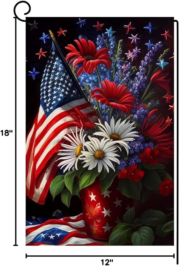 4th of July Floral Garden Flag 12x18 Vertical Double Sided Patriotic USA Flag Red Blue Memorial Day Independence Day Outside Decorations Burlap Yard Flag BW299