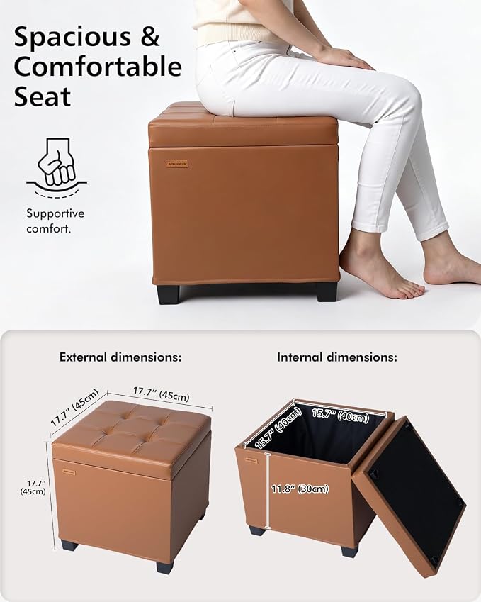 ABHENG Steel Frame Square Ottoman with Storage Caramel UASND645Z | 17.7" x 17.7" x 17.7", Hold 660 lbs, 48L Storage Capacity, Waterproof Synthetic Leather, Removable Lid, for Dorm Living Room