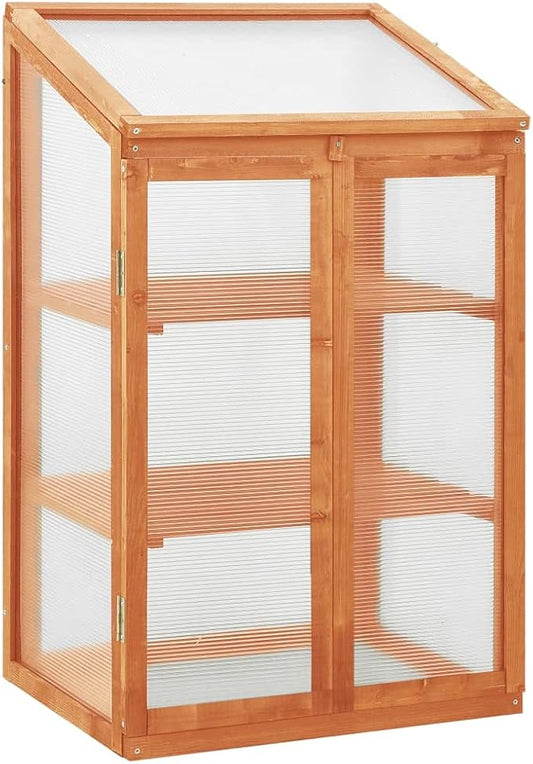 Firwood Garden Greenhouse Wooden Cold Frame Greenhouse Flower Planter with 2 Shelves and Doors Outdoor Indoor Planter Box 23.6"x17.7"x39.4"