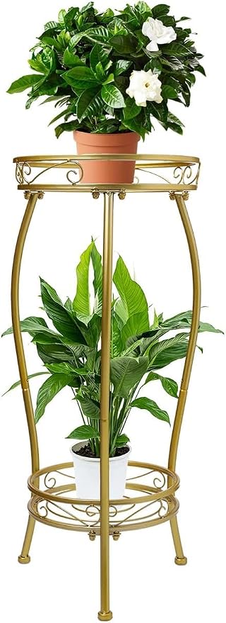 LOYAL TIGER Plant Stand Indoor Outdoor, 2 Tier 27" Tall Metal Shelf, Gold | Heavy Duty Plant Rack, Rustproof Metal, Stable 3-Leg Base, Holds up to 100 lb, Flower Pot Holder