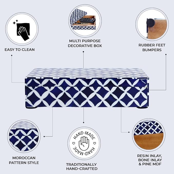 Handicrafts Home Small Decorative Storage Box with Lid, Moroccan Jewelry Keepsake Trinket Box Organizer, Wooden Coffee Table Dresser Storage Box, Blue & White, 8 x 5 x 2 Inch, Moroccan Collection