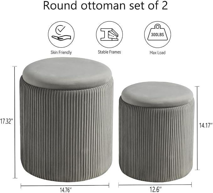 BLEXA Set of 2 Round Storage Ottoman,Light Grey Velvet Ottoman Storage | Upholstered Padded Vanity Stool, Multifunctional Coffee Table & Foot Rest for Bedroom, Living room with Hidden Storage Space