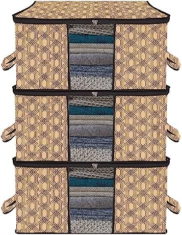Kuber Industries Underbed Storage Bag | Clothes Storage Organizer | Blanket Cover with Clear Window | Zipper Closure & Handle Cloth Organizer | Check-Design | Large | Pack of 3 | Coffee