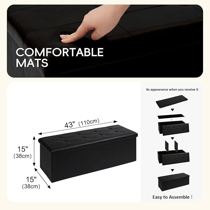 PINPLUS Folding Storage Ottoman Bench, Black Faux Leather | Storage Chest with Padded Seat, Blanket Organizer, Footrest Stool for Bedroom, Living Room and Office, 43.3 Inch