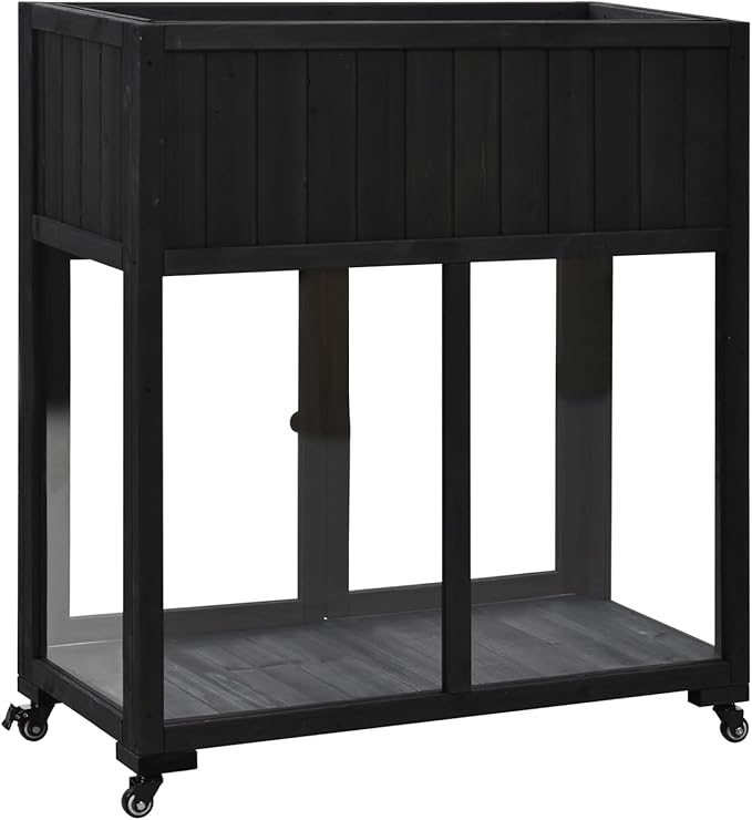 Geelife Patio Mini Wood Cold Frame with 2 Doors, Raised Bed & Wheels - Black