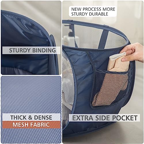 Sturdy Mesh Laundry Hamper Basket Bag,collapsible Pop up for Laundry Room | Folding Foldable Baskets with Side Pocket Travel Clothes Organizer for Bathroom,Kids Room,College Dorm (Horizontal,Beige)