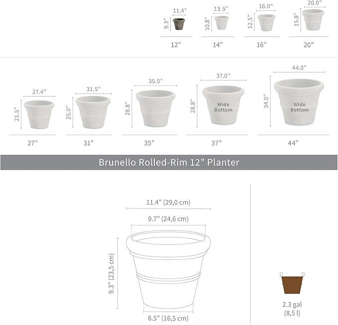 Crescent Garden Brunello Small Classic Planter, Indoor/Outdoor Weather-Safe Round Plant Pot, Small Resin Houseplant Pot - 12'' W (Concrete-Color)
