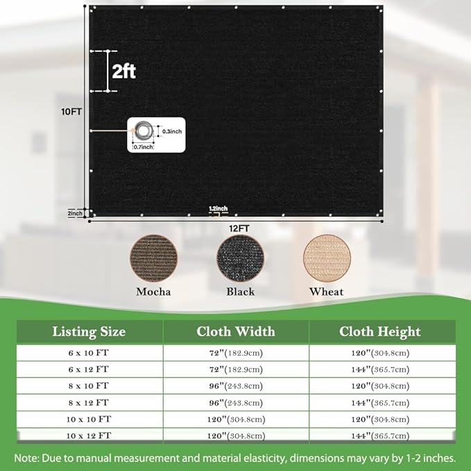 SEEYE 90% Sun Shade Cloth, 10 x 12 FT Durable Privacy Screen Shade Cover, Pergola Shade Cover with Grommets, UV Block Mesh Tarp for Plant Cover, Greenhouse, Patio, Chicken Coop, Balcony, Black
