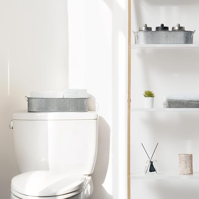 Mkono Metal Storage Basket, Toilet Paper Holder Bathroom decor, 2 Pack | Silver, Farmhouse Galvanized Metal Tray, Back of Toilet Tank Organizer, Decorative Bin, Bathroom Bedroom Living Room Office