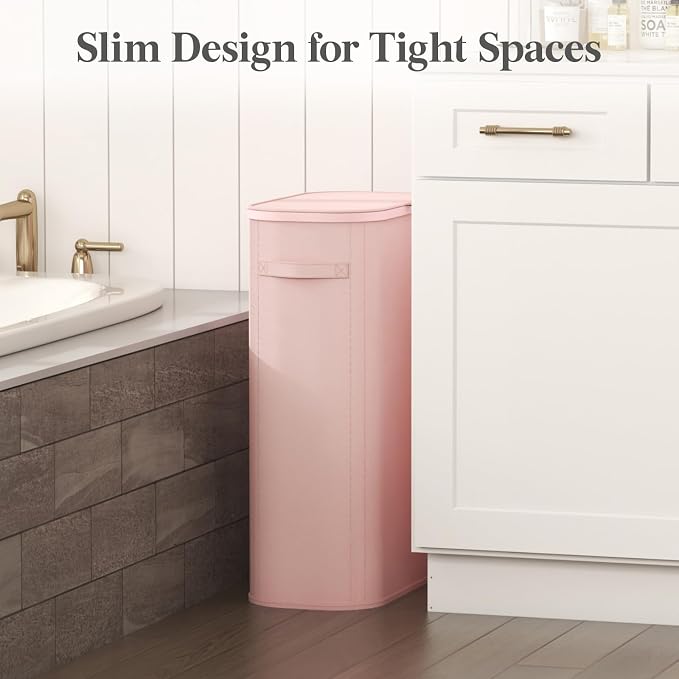 Lifewit Slim Laundry Basket with Lid and Removable Bag, 65L, Pink | Collapsible Narrow Laundry Hamper, Skinny Washing Basket with Plastic Frame, Dirty Clothes Organiser for Laundry, RV, Dorm