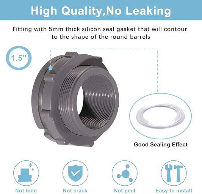 Ququyi 1.5 Inch PVC Bulkhead Water Tank Connector Adapter Fitting with Plugs Thru-Bulk Pipe Fitting for Rain Barrels, Aquariums, Ponds(Set of 2)