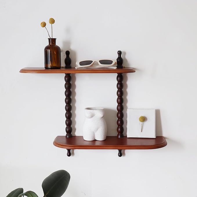 2-Tier Wall Mounted Floating Shelf with Two Roman Columns, Decorative Display Shelf for Entrance, Bathroom, Bedroom, Living Room, Kitchen, Office (Brown)