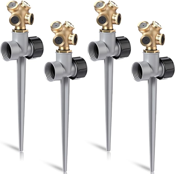 Tioncy 4 Pack Metal Lawn Sprinkler with Brass Nozzle, Heavy Duty Garden Spike Sprinkler Automatic Irrigation Tool for Lawn Garden Yard Greenhouse(Multi Nozzle,Silver)
