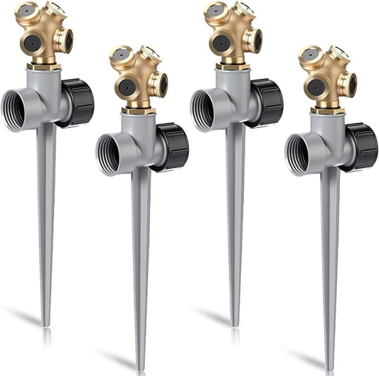 Tioncy 4 Pack Metal Lawn Sprinkler with Brass Nozzle, Heavy Duty Garden Spike Sprinkler Automatic Irrigation Tool for Lawn Garden Yard Greenhouse(Multi Nozzle,Silver)