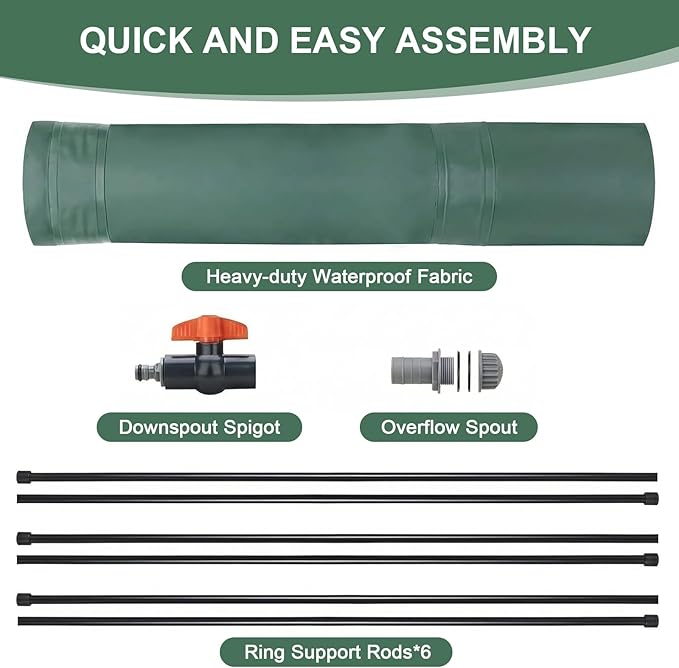 50 Gallon Collapsible Rain Barrel, Foldable Water Storage Tank, Support Rods & Drain Valve, Portable Rainwater Collection System for Garden Irrigation and Outdoor Use