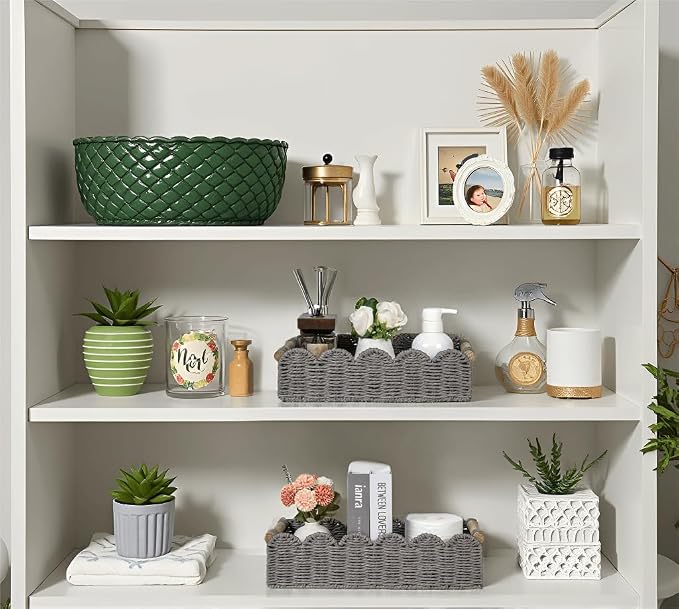 CubesLand Toilet Paper Storage Basket for Over Toilet Tank Storage | Handwoven Scalloped Shelves Basket for Organizing, Home Decor Baskets for Shelf, Countertop, Living Room, Bedroom, Grey