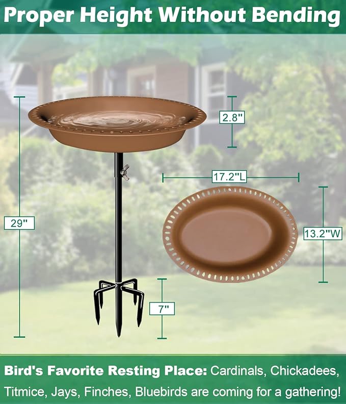 29 Inch Height Oval Shape Bird Bath for Outdoors, Detachable 5-Prong Birdbath Bowl Spa & Birdfeeder with Metal Stake Stand for Outside Garden, Brown