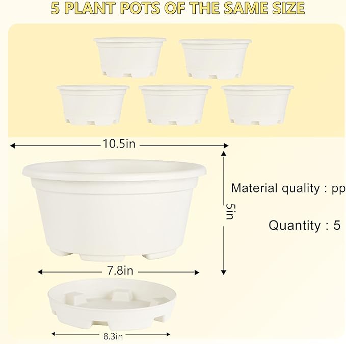 KPUVX 5 Pack 10.5 inch Plant Pots,Planter-Pots-for-Plants，Plastic Flower Pot for Indoor Outdoor Plants with Drainage Holes & Trays, Decorative Garden Containers Sets for Houseplants